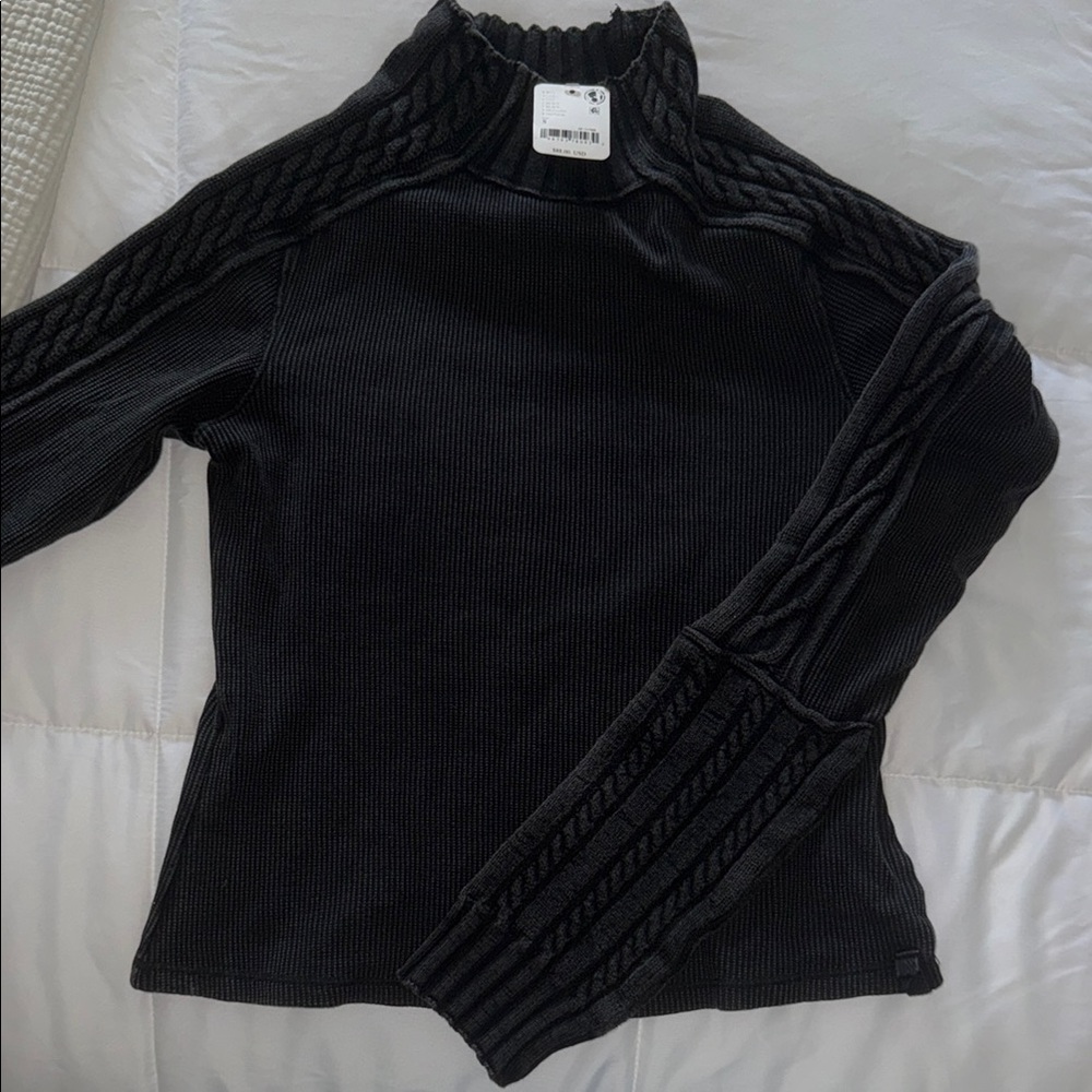 Free People Black Cable-Knit Mock Neck Women's top